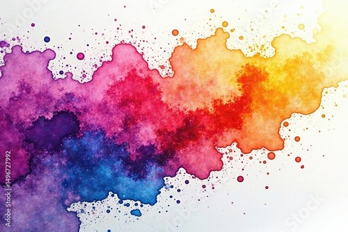 Vibrant watercolor paint splatters on white background, showcasing texture and color mixing , paint splatter background, background, art supplies