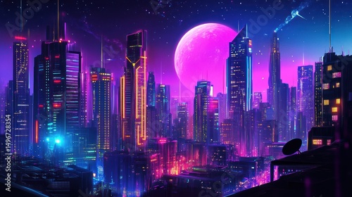 Wallpaper Mural Futuristic Neon Cityscape with Glowing Buildings and a Vibrant Pink Moon Torontodigital.ca