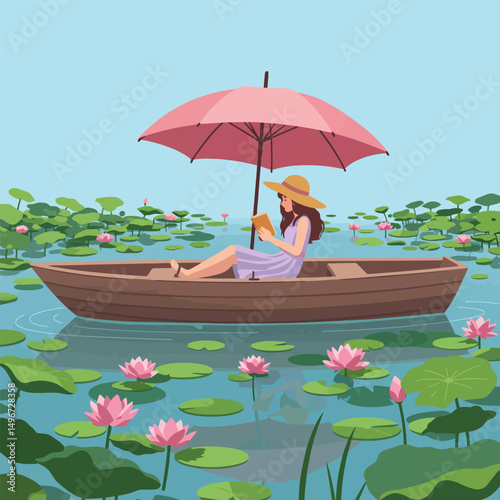 Woman Reading Book in Rowboat on Lake with Lily Pads