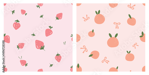 Seamless patterns of strawberries and apricot peach or orange with green leaves on pink and orange backgrounds vector.