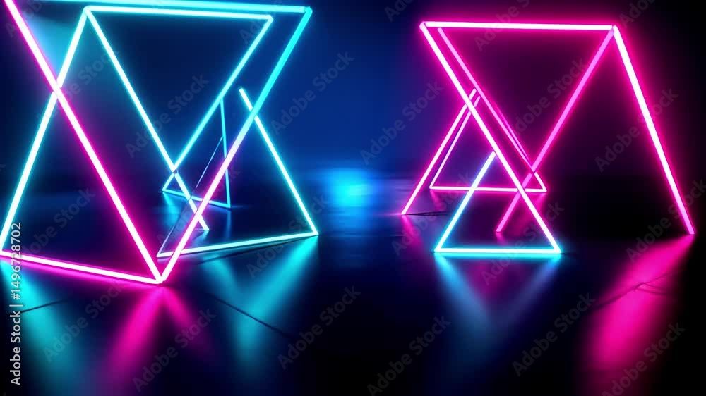 Neon triangles unfolding with smooth transitions as bright neon lights trace geometric patterns on a dark reflective surface
