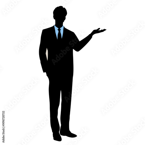 Silhouette businessman with suit presenting icon for pitch, office talks, and boardroom scenes. Ideal for corporate visuals, sales meetings, and leadership illustrations.