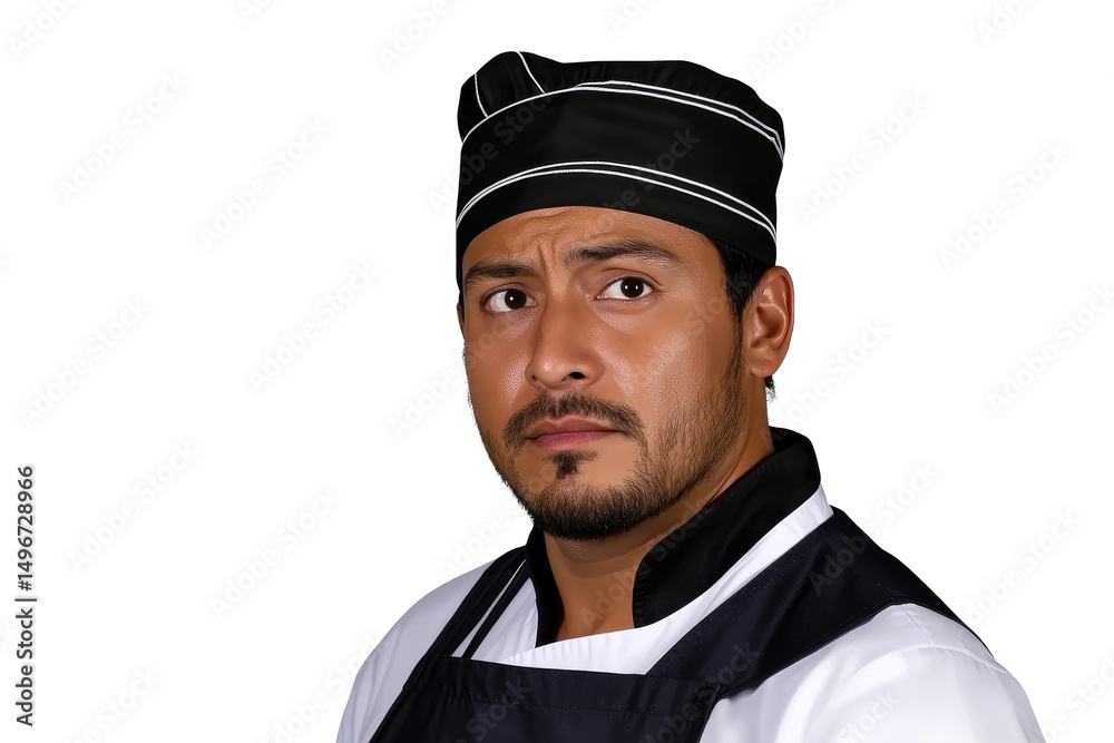 Fototapeta premium Concerned Hispanic chef in uniform, cut out transparent