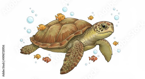 Sea Turtle with Fishes Illustration
