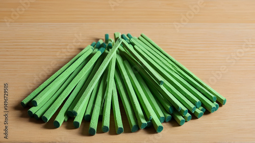 wooden matches with green phosphorous heads are scattered on the table