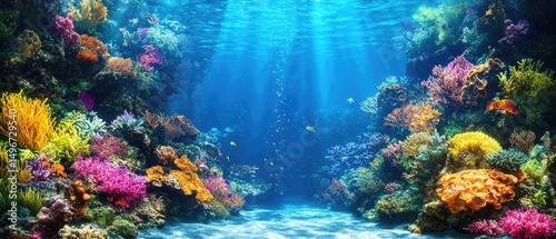 Vibrant coral reef scene with sunlight filtering through the blue water and sandy bottom