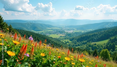 A scenic hilltop view with wildflowers in bloom, overlooking a lush green valley , grass, distance