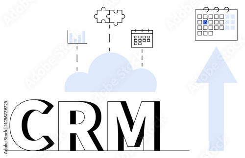 CRM text with cloud, graphs, puzzle piece, calendars, and upward arrow symbolizing data integration, team collaboration, productivity enhancement, workflow optimization, business planning customer