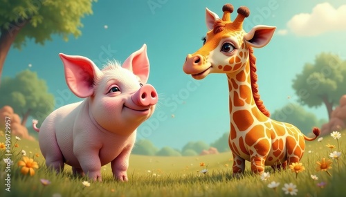 A whimsical scene featuring a pig and a giraffe side-by-side , long neck, contrast, image