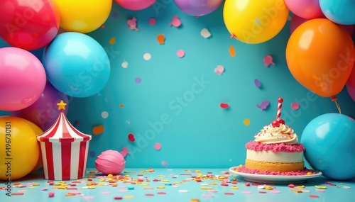 Brightly colored carnival birthday decorations, balloons, confetti, festive treats , confetti, cake, balloons