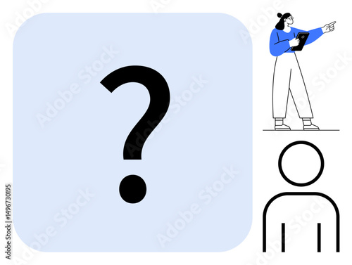 Question mark in center symbolizing uncertainty. Woman holding tablet, pointing directionally. Abstract avatar bottom right. Ideal for leadership, guidance, decision-making, problem-solving