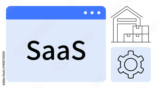Browser window with SaaS text, warehouse with stacked boxes, and cogwheel icon. Ideal for cloud systems, logistics, operations, technology, inventory management, e-commerce simple landing page