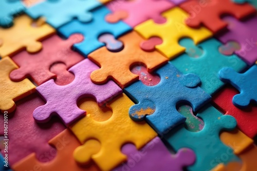 Close-up of colorful jigsaw puzzle pieces interlocked, forming a vibrant pattern , design, puzzle image, background