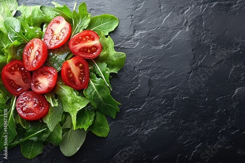 Fresh salad with halved tomatoes and greens on a textured dark surface