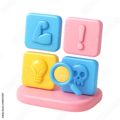 3D UI icon tiles with muscle arm, exclamation, lightbulb, and skull under magnifying glass — symbolizing SWOT analysis.
 photo