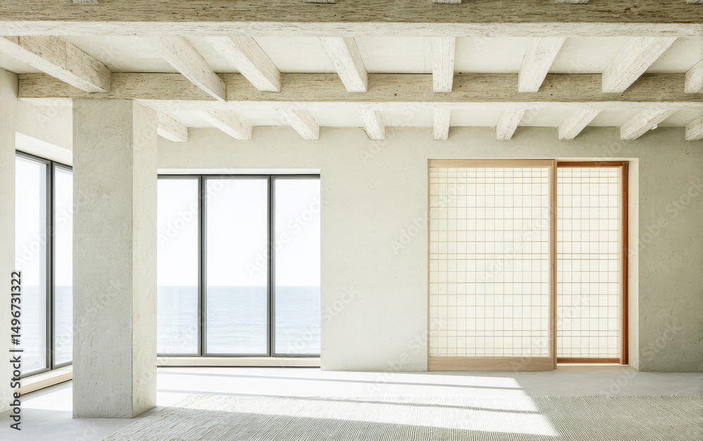 Obraz premium Minimalist interior design showcasing ocean view in a contemporary living space with large windows