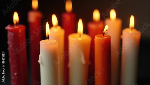 Close-up of several church candles, some lit, others unlit, showcasing wax drips and varying heights , color, ceremony, religious