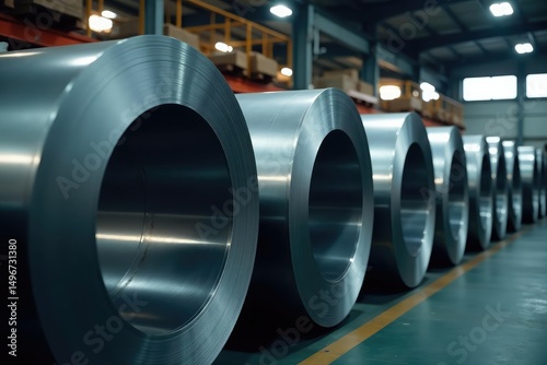 Close-up of stacked steel coils in a warehouse Bright lighting highlights the metallic texture , steel production, steel coils, manufacturing