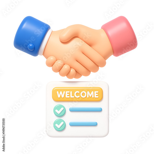 3D handshake and welcome checklist icon for business agreement or onboarding concept – PNG transparency icon
