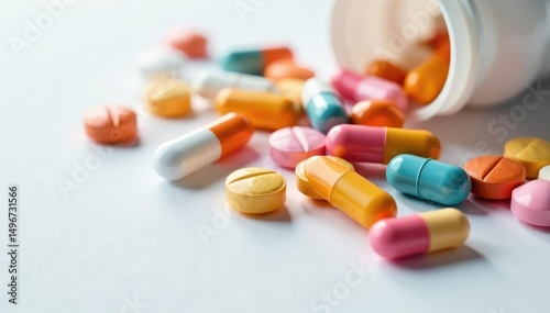 Close-up of various pills and capsules scattered on a white surface , dosage, pill organizer