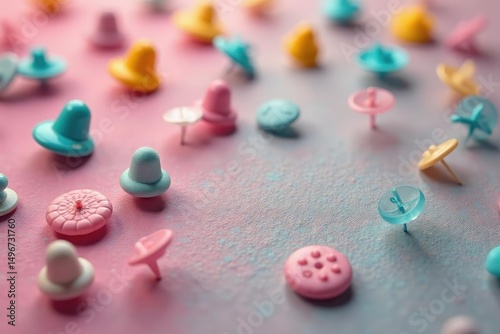 Close-up shot of colorful pins on a textured background Perfect for craft, DIY, and stationery projects , vibrant, bright, DIY