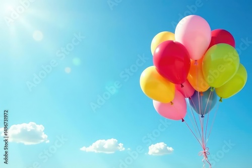 Colorful birthday balloons floating against a bright sky , blue, sky background