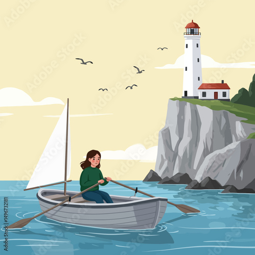 Woman Rowing Boat Toward Lighthouse on Coastal Cliffside Scene