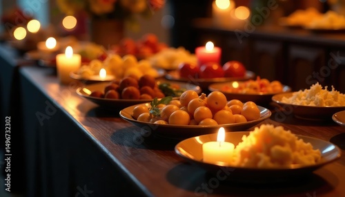Elegant buffet table adorned with flickering candlelight, creating a warm ambiance , glow, candles, festive