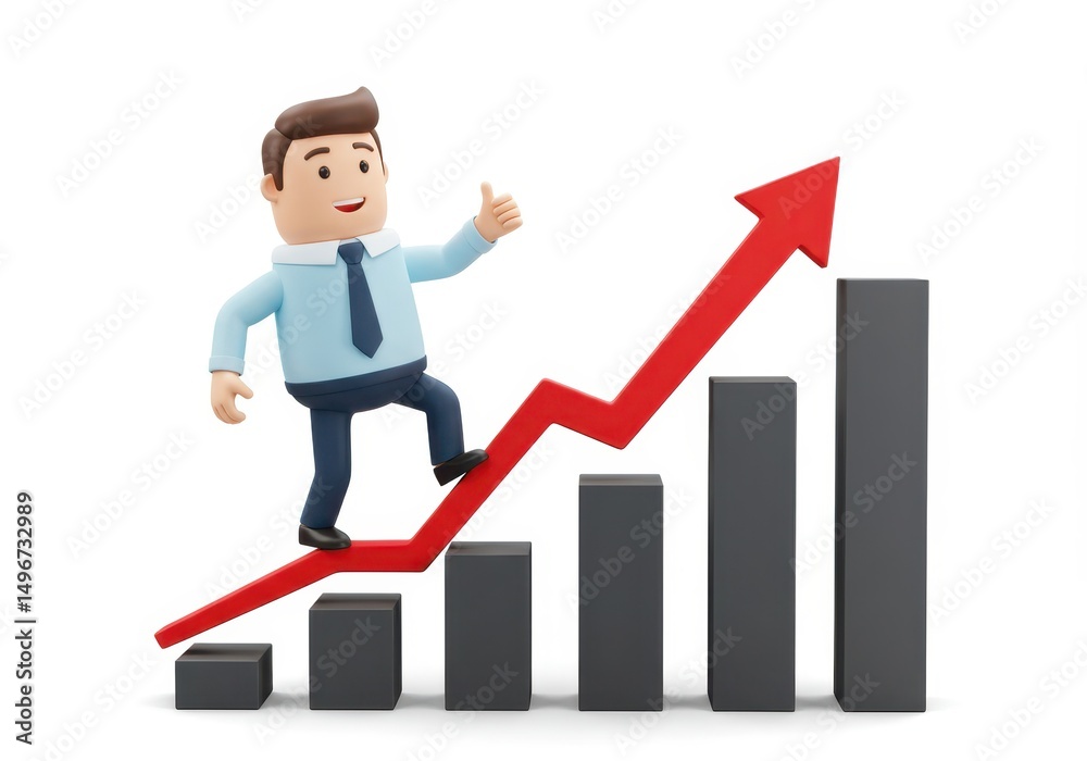 3D Illustration of Cartoon businessman climbing red arrow on graph isolated on white background
