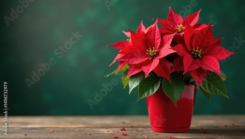 Festive poinsettia arrangement in a red pot, ready for the holidays , plant, elegant