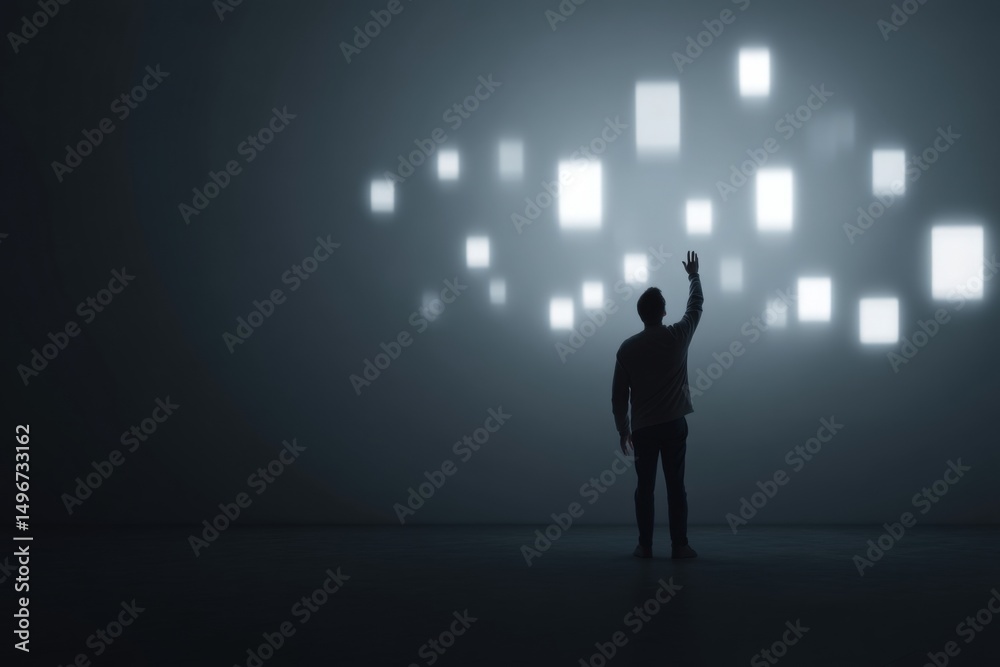 Fototapeta premium Man Reaching Toward Digital Interface in Spotlight with Floating Elements