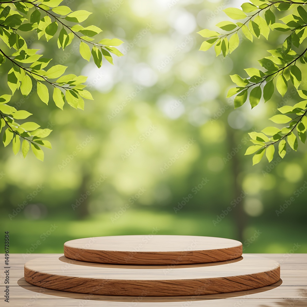 A natural wooden podium set outdoors with a blurred green forest background and sunlit leaves hanging above, creating a fresh and eco-friendly display scene. A natural wooden podium set outdoors with a blurred green forest background and sunlit leaves hanging above, creating a fresh and eco-friendly display scene.