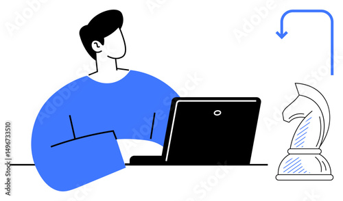 Individual working on a laptop while analyzing a chess knight, suggesting strategic thinking and planning. Ideal for business, leadership, decision-making, problem-solving, creativity, productivity