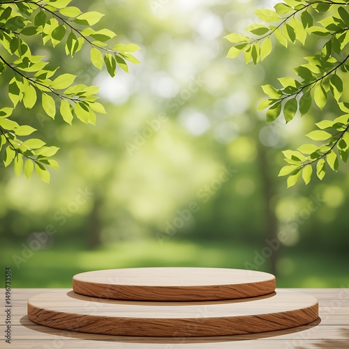 A natural wooden podium set outdoors with a blurred green forest background and sunlit leaves hanging above, creating a fresh and eco-friendly display scene.