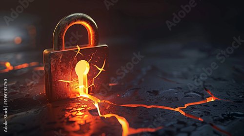 Glowing digital padlock with cracked screen symbolizing cybersecurity vulnerability and data breach risk, concept of online safety and digital protection.