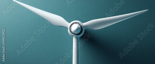 A wind turbine is centered, featuring three white blades against a blue background and soft shadows