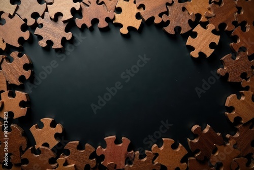 Intricate wooden puzzle pieces scattered on a black background, creating a dramatic and mysterious scene , objects on black, intricate
