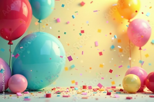 Joyful celebration scene with colorful balloons, confetti, and streamers against a bright background , celebration background, party decorations