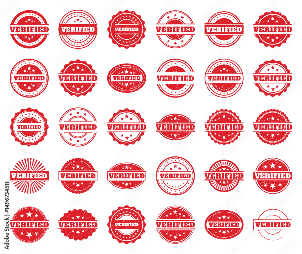 Obraz premium Collection of Red Verified Stamps. Grunge Texture. Approval Marks & Seals