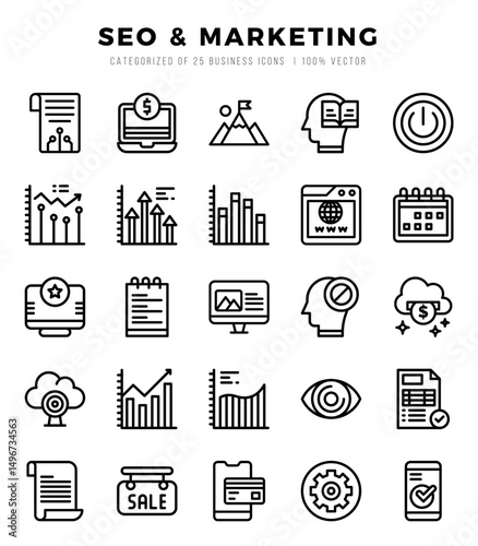 SEO & Marketing Lineal icons collection. 25 icon set. Vector illustration.
