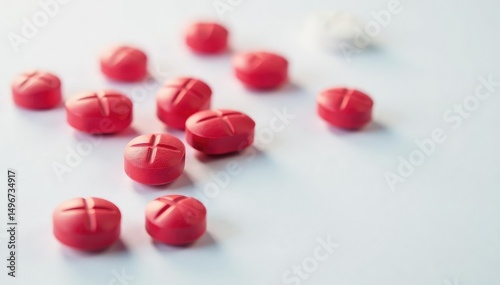 Red cross pills on white background, close-up view , health care, care