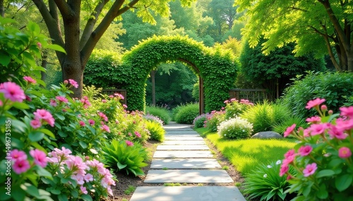 Serene backyard oasis, lush landscaping with stone pathway and vibrant flowers , flowers, design, house