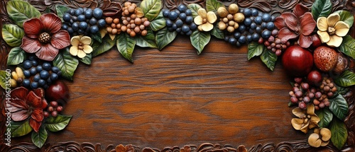 Ornate wooden panel adorned with carved flowers, grapes, leaves, and apples creating a rich, textured border