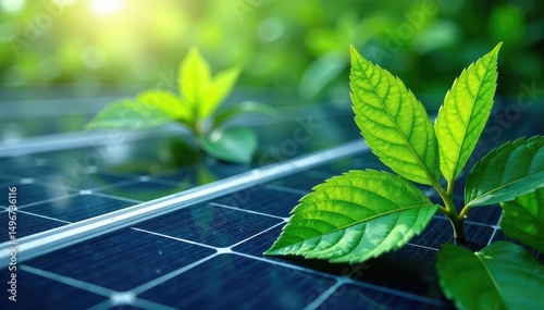 Vibrant green leaves over solar panels, renewable energy concept , plant, eco-friendly