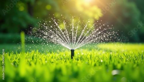 Vibrant green meadow refreshed by a spinning sprinkler, sunny day , spray, summer