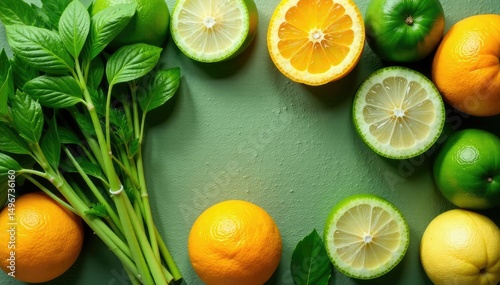 Vibrant green leaves, fresh herbs, and bright citrus fruits Perfect for healthy eating, spring, and nature themes , image, leaf