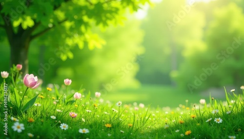 Vibrant green spring background with lush foliage and soft sunlight , new growth, spring background, leaves