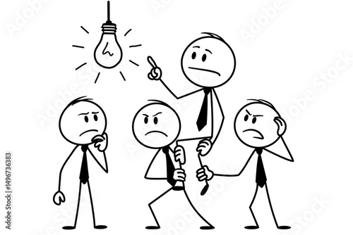 Cartoon stick figure businessmen struggling to change broken light bulb. Humorous illustration of teamwork problem-solving.