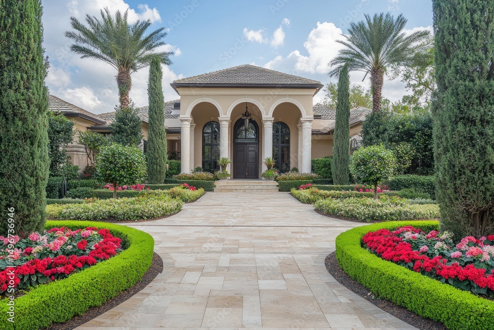 Fototapeta premium elegant home entrance framed by symmetrical flower beds and shrubs