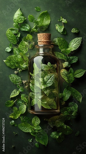 Bottle filled with green leaves sits amidst more fresh leaves on a textured dark green background